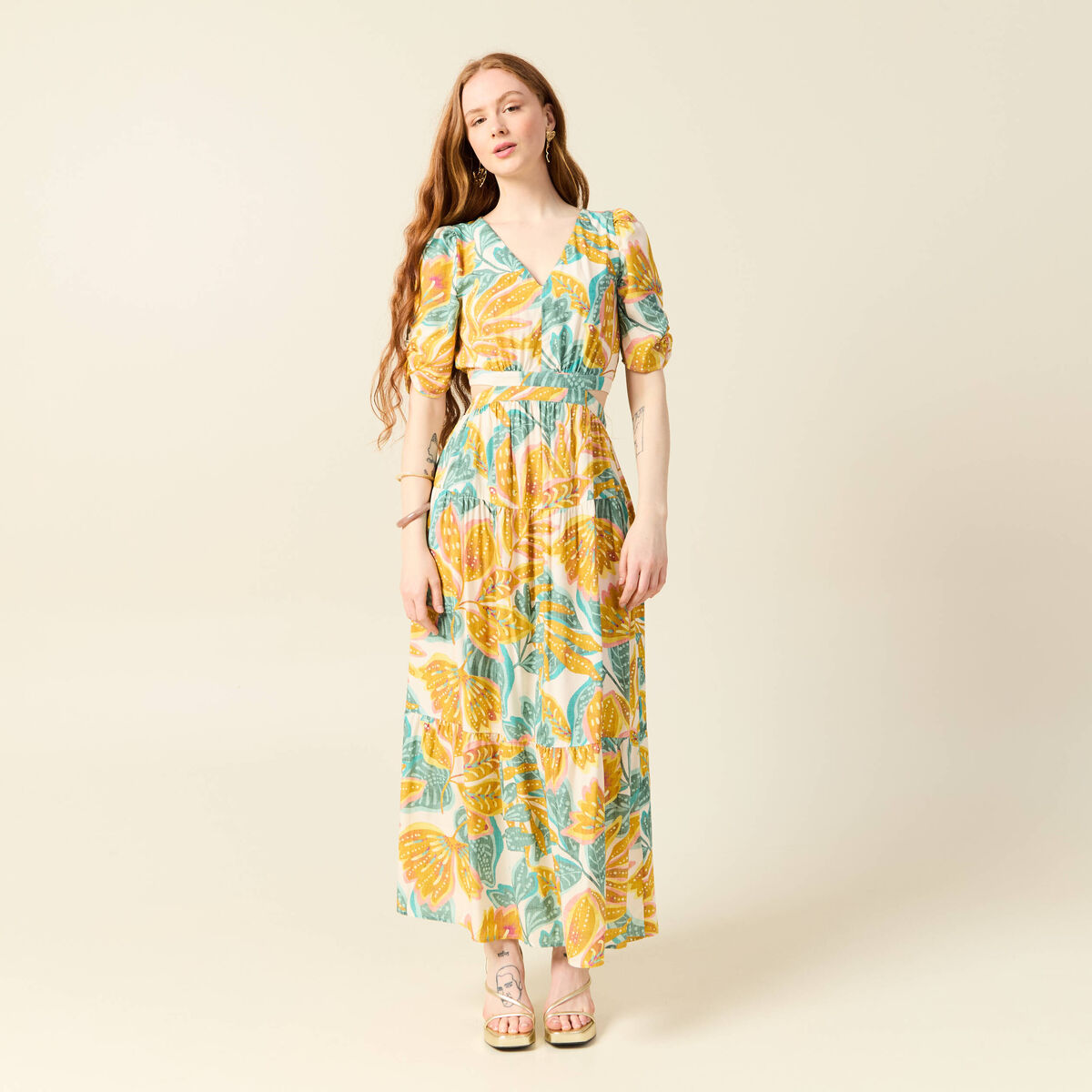 Robe longue évasée blanc femme