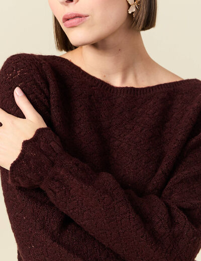 Pull ajour&eacute; col bateau manches longues prune femme