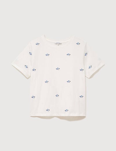 T-shirt droit col rond brod&eacute; en coton ivoire femme