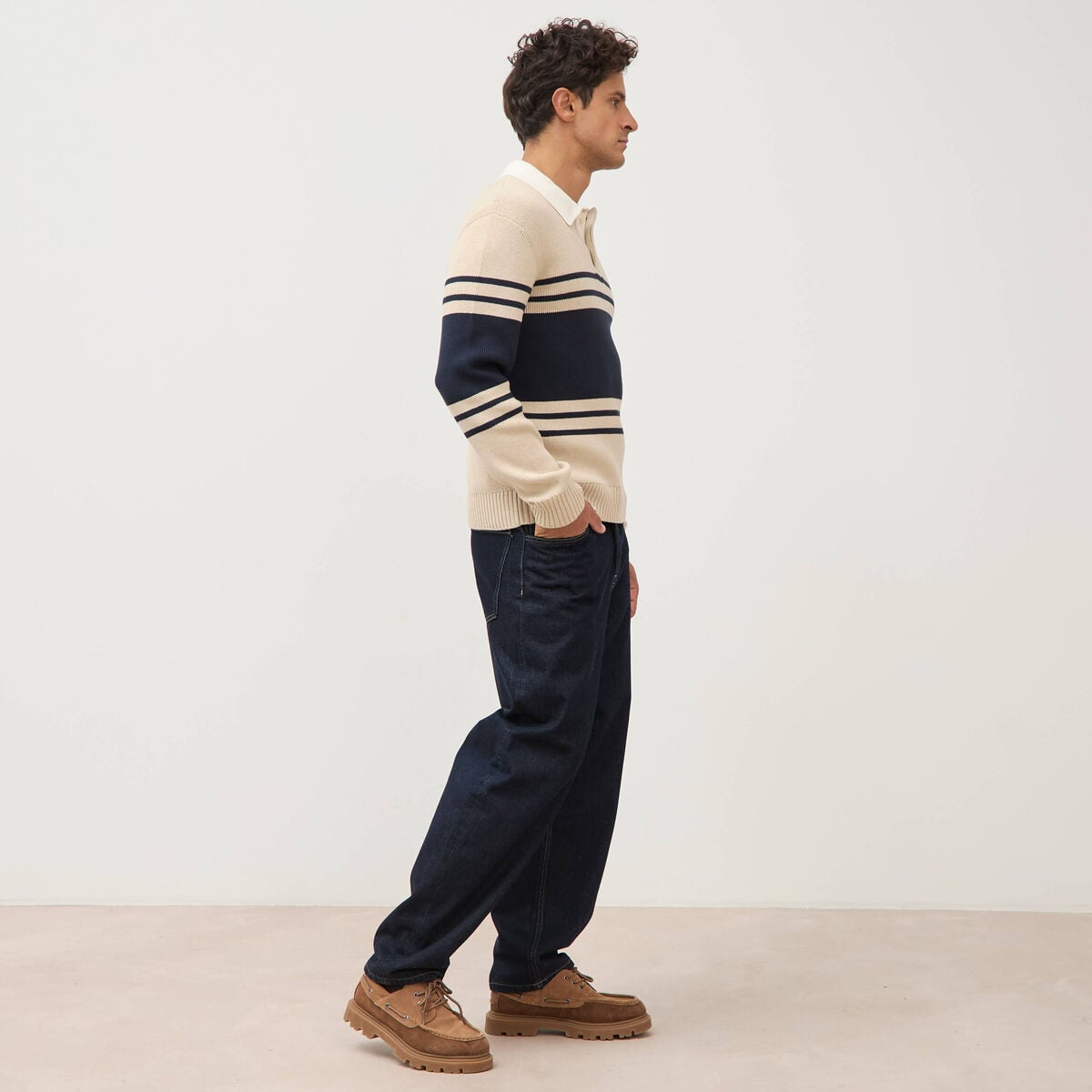 Pull manches longues en coton beige homme
