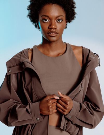 Blouson oversize court &agrave; capuche marron femme