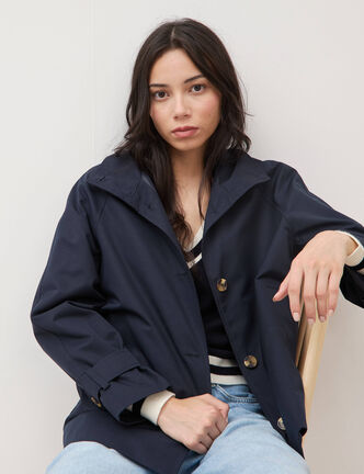 Trench droit court col montant bleu fonc&eacute; femme