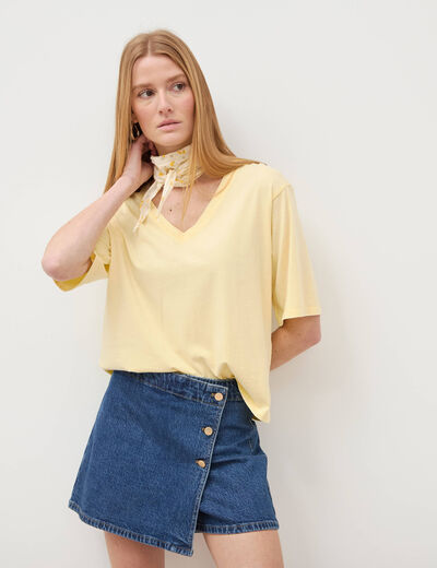 T-shirt col v manches courtes en coton jaune clair femme