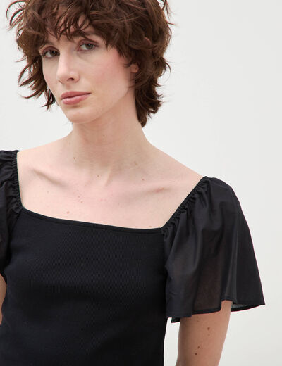 T-shirt bi-mati&egrave;re ajust&eacute; d&eacute;collet&eacute; noir femme