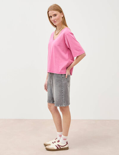 T-shirt col v manches courtes en coton rose framboise femme