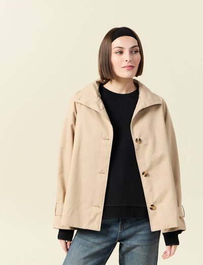 Trench droit court col montant beige femme