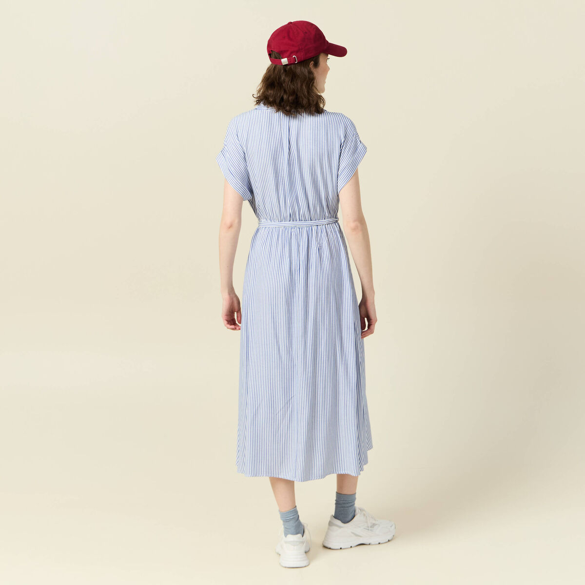 Robe longue évasée ceinturée ecru femme