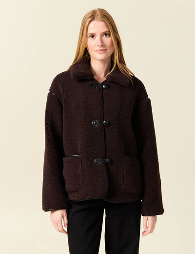 Manteau court droit effet polaire marron foncé femme