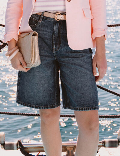 Bermuda large taille haute en coton denim stone femme