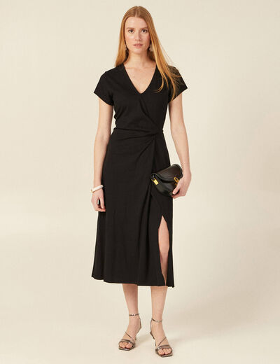Robe midi droite drapée noir femme