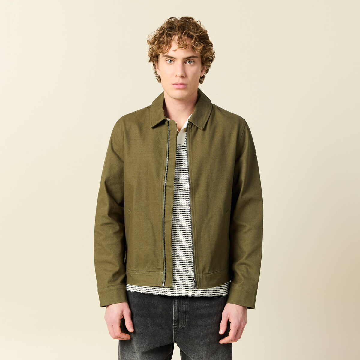 Blouson droit court en coton vert kaki homme