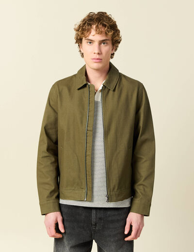 Blouson droit court en coton vert kaki homme