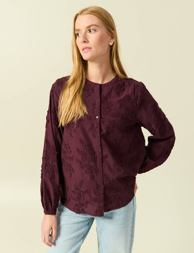 Chemise col rond manches longues brod&eacute;e prune femme