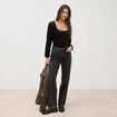 Jeans straight taille haute strass denim gris femme