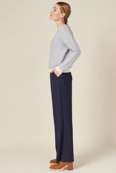 Pull manches longues col en V bleu gris femme