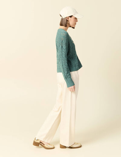 Gilet manches longues ajouré vert foncé femme