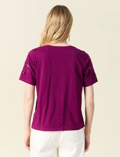T-shirt manches courtes brodé violet femme