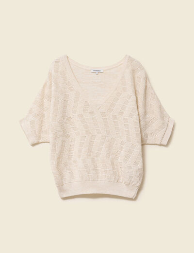 Pull col V manches coudes creme femme