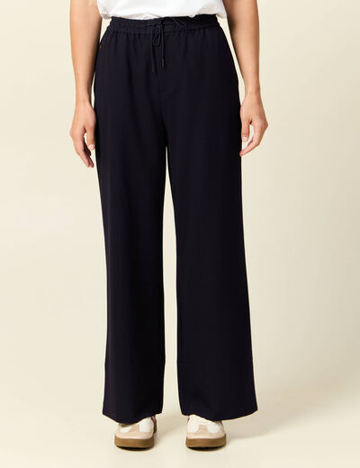 Pantalon large élastiqué bleu foncé femme
