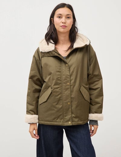 Parka oversize courte &agrave; capuche vert kaki femme