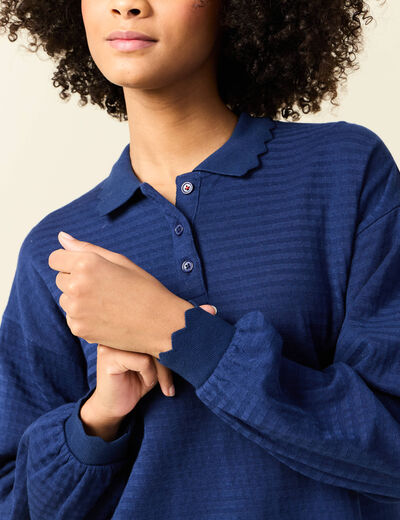 Sweat manches longues col polo bleu foncé femme
