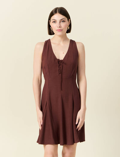 Robe sans manches col V marron femme
