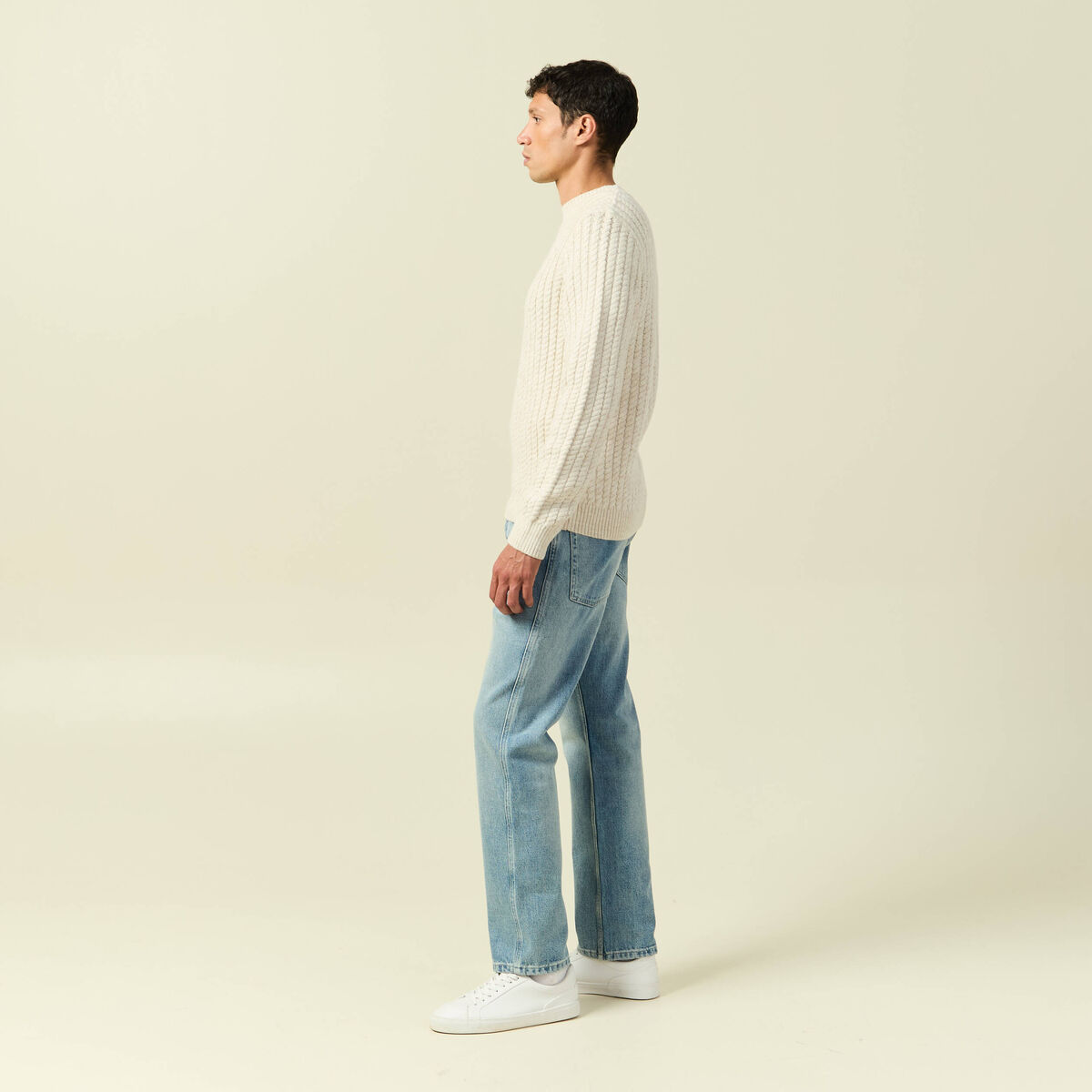 Pull col rond manches longues ecru homme