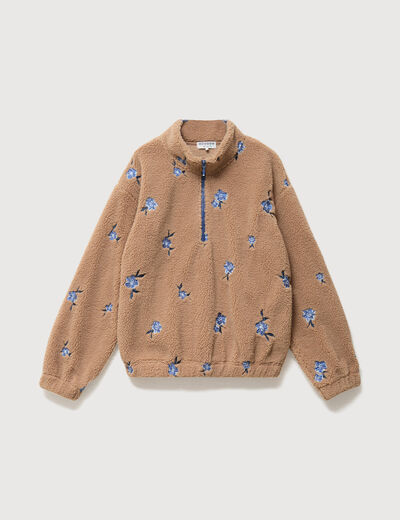 Sweat bouclette sherpa col montant taupe femme