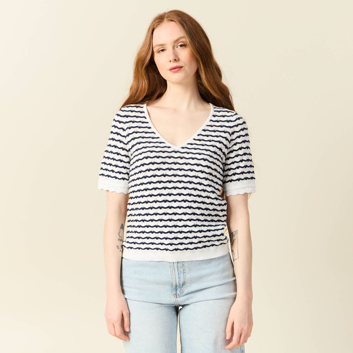 Pull manches courtes bleu foncé femme