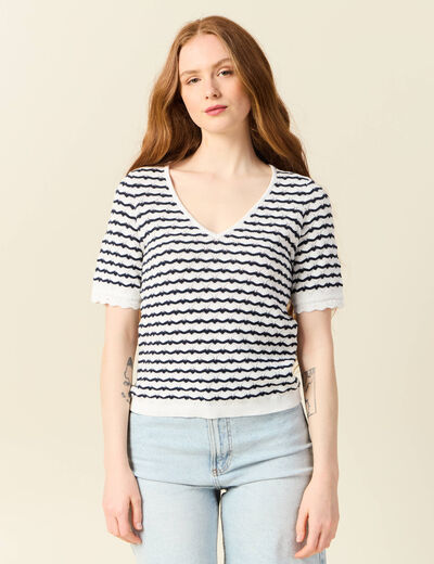 Pull manches courtes bleu foncé femme