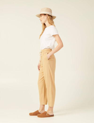Pantalon droit à coulisse beige femme