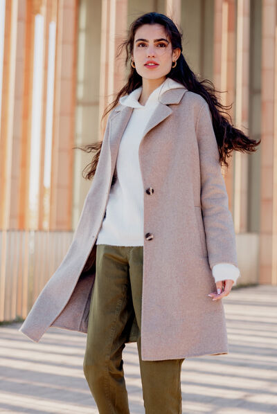 Manteau droit long boutonné marron clair femme