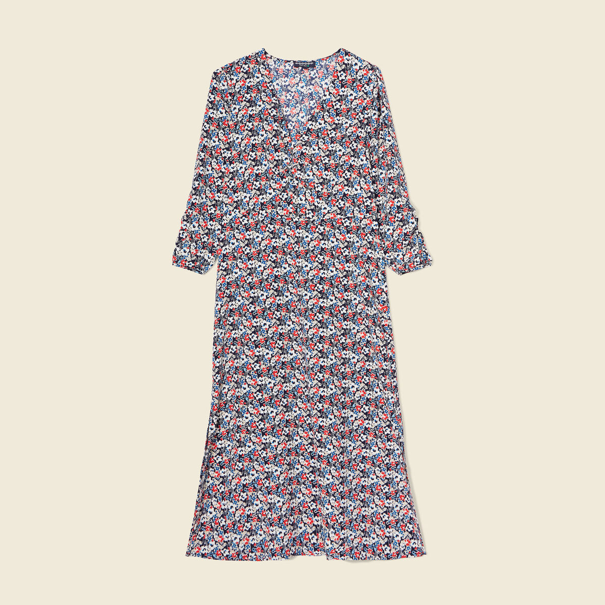 Robe cintr&eacute;e col v manches longues bleu marine femme