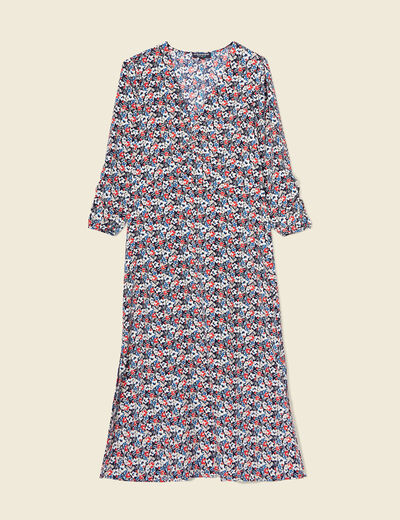 Robe cintr&eacute;e col v manches longues bleu marine femme