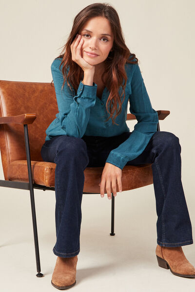Blouse manches longues poches bleu pétrole femme