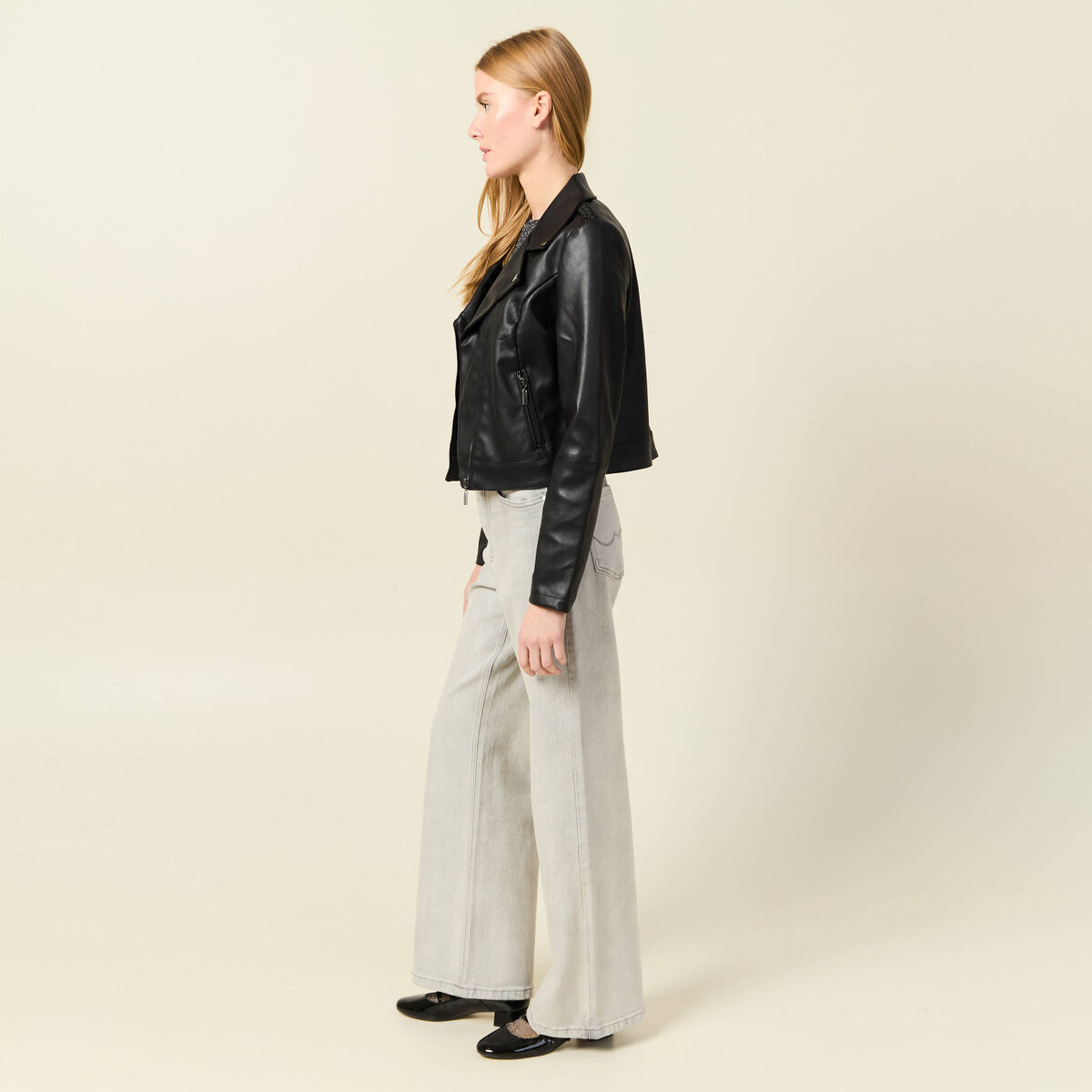 Blouson ajusté simili cuir noir femme