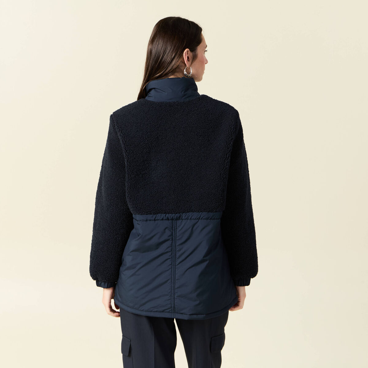 Manteau manches sherpa bleu marine femme