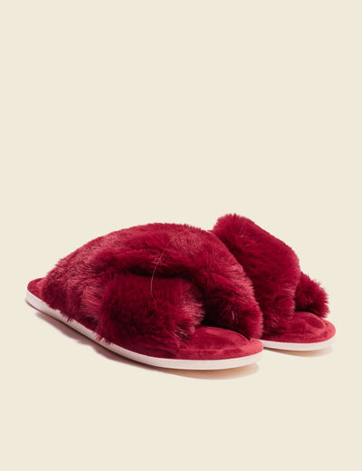 Chaussons mules fourrure rouge foncé femme