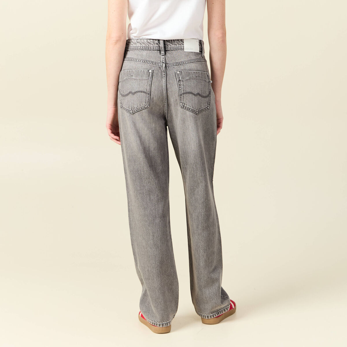 Jeans straight taille haute denim gris clair femme