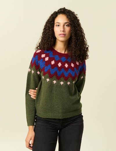 Pull col rond manches longues vert kaki femme