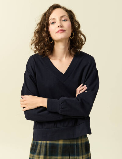 Sweat oversize col v manches longues bleu fonc&eacute; femme