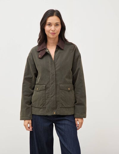 Parka oversize courte col classique vert kaki femme