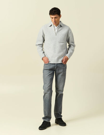 Pull manches longues col polo zipp&eacute; gris homme