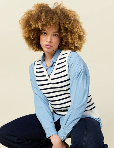 Pull sans manches col en V ecru femme
