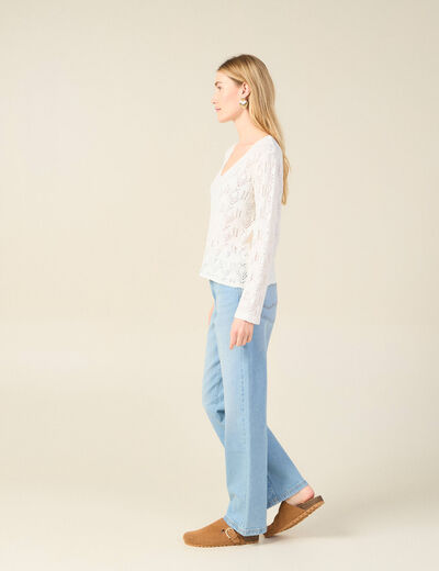 Pull ajour&eacute; col v manches longues ecru femme