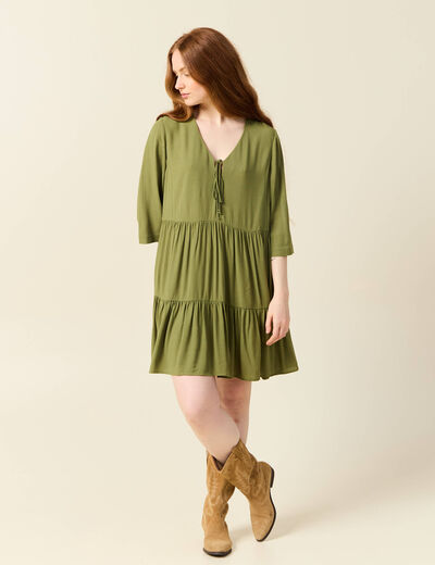 Robe évasée manches 3/4 vert kaki femme