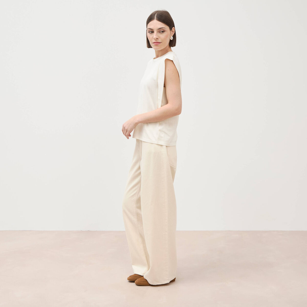 T-shirt en coton sans manches creme femme