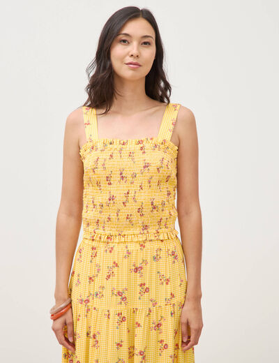Top droit court &agrave; bretelles col carr&eacute; jaune femme