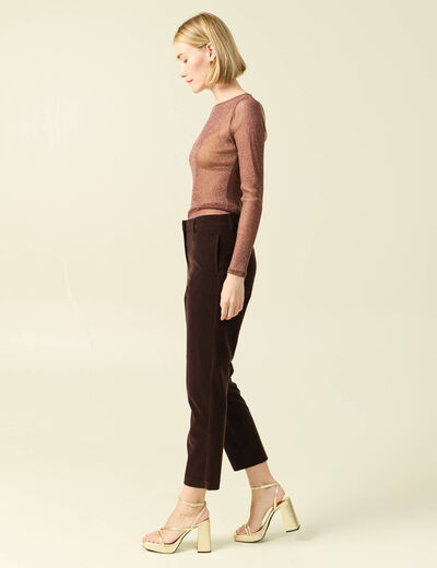 Pantalon flare taille haute en velours marron fonc&eacute; femme