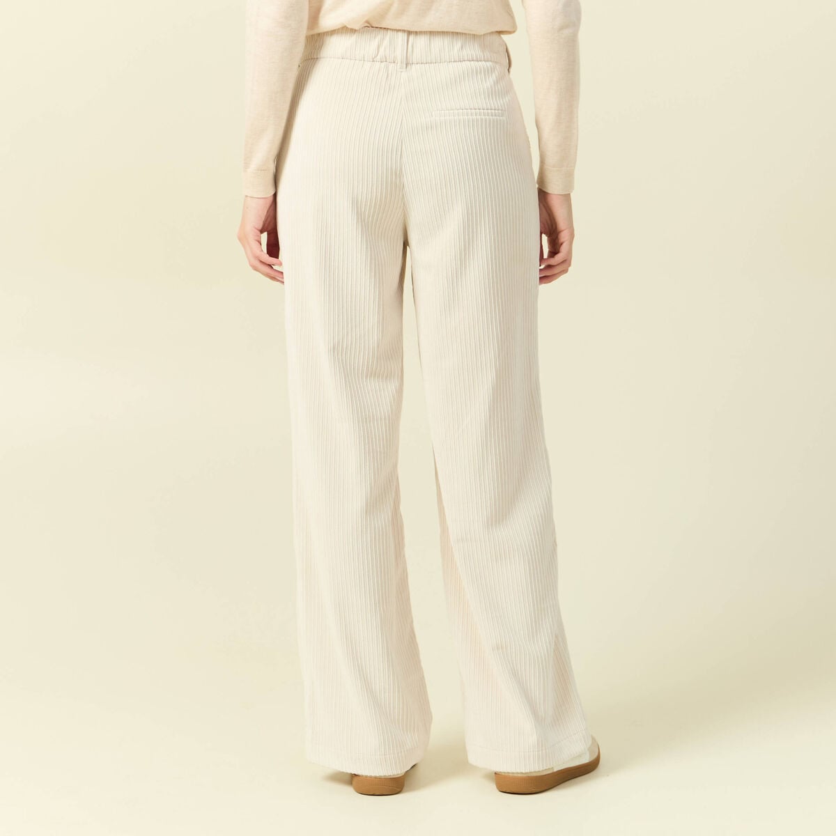 Pantalon large taille haute en velours creme femme